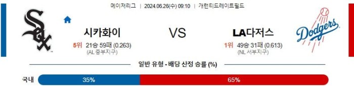 MLB분석 6월26일 09:10 시카고 화이트삭스 vs LA 다저스 분석