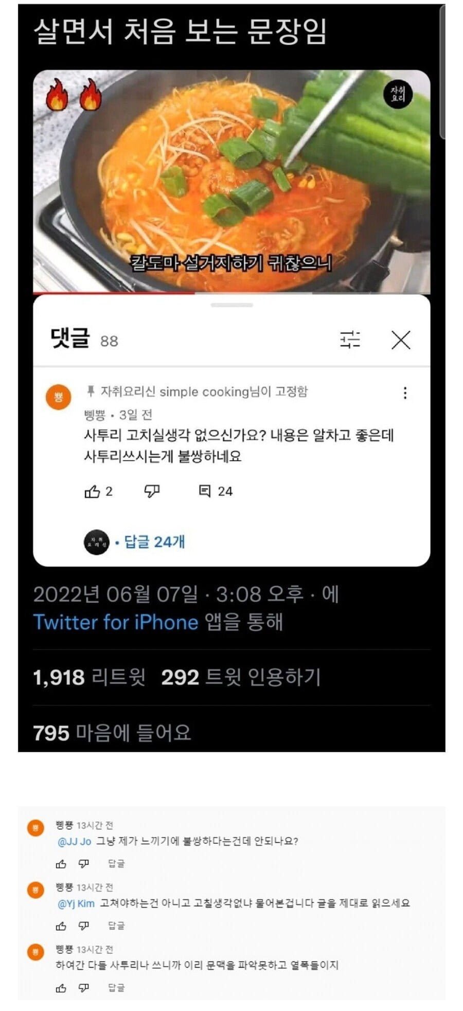 사투리 쓴다고 쿠사리 먹은 유튜버.JPG