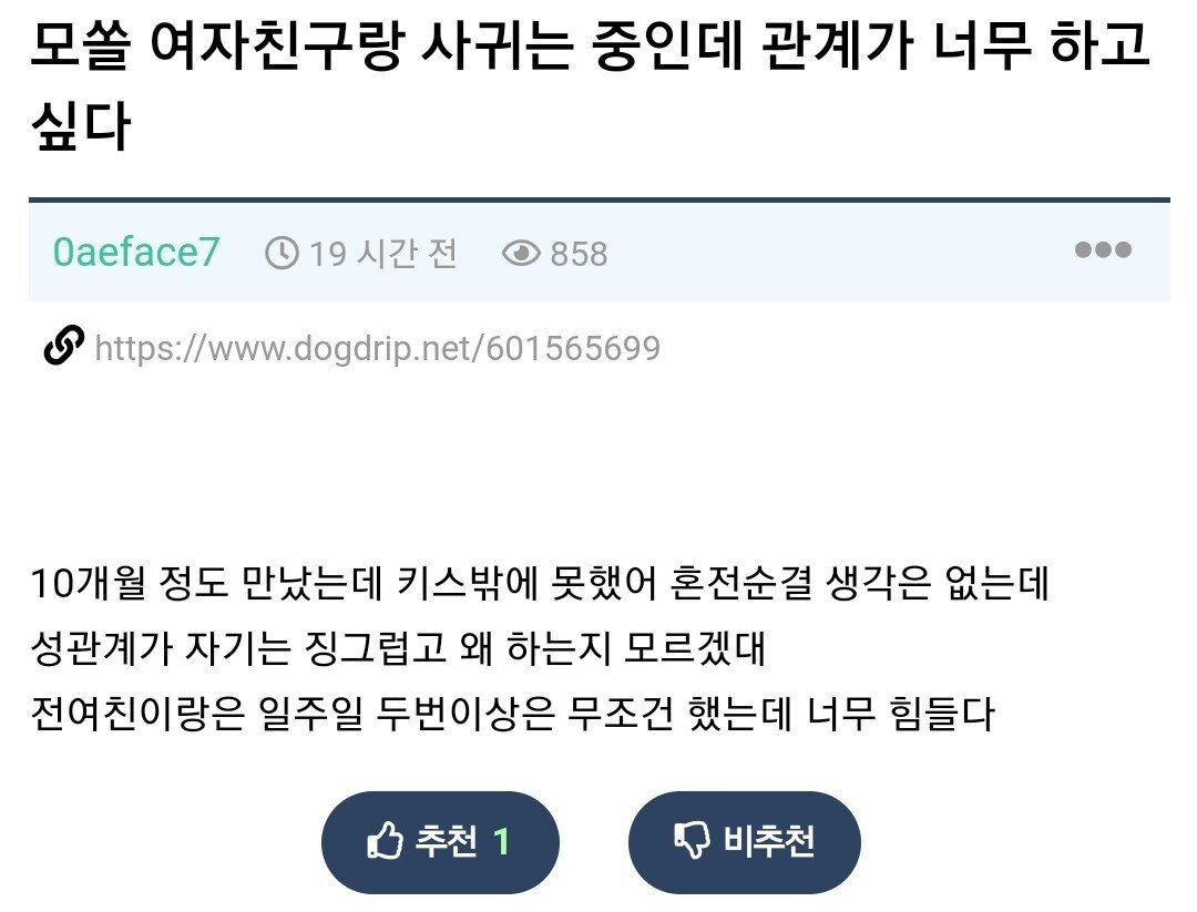 모쏠 여친이랑 사귀는 중인데 관계가 너무 하고싶다